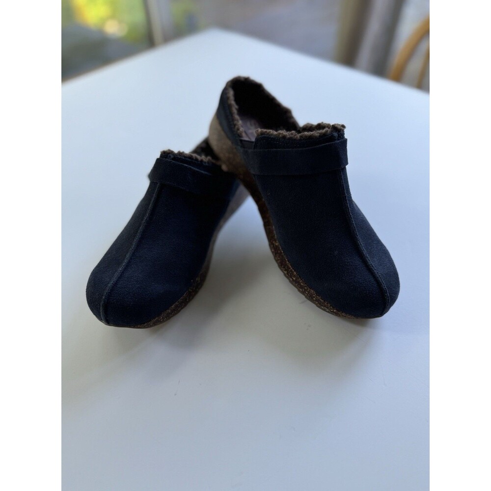 Sporto Blue Suede Leather Clogs Slip On  1” Heel 8M Faux Sherpa Lined Buckle
